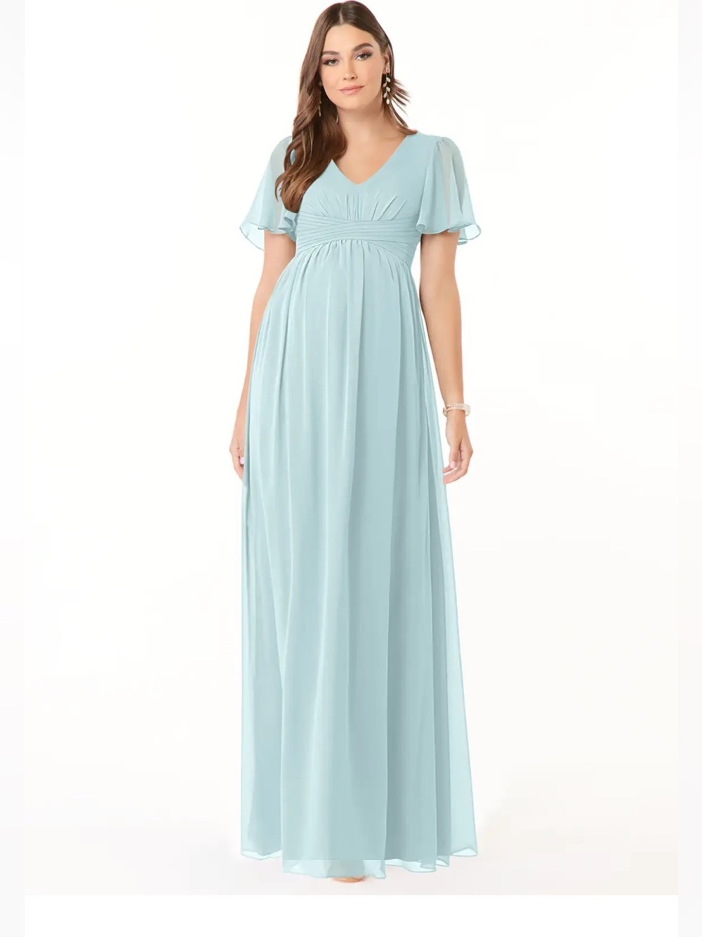 Azazie Verna A-Line V-Neck Ruched Chiffon Floor-Length Dress Mist size 16